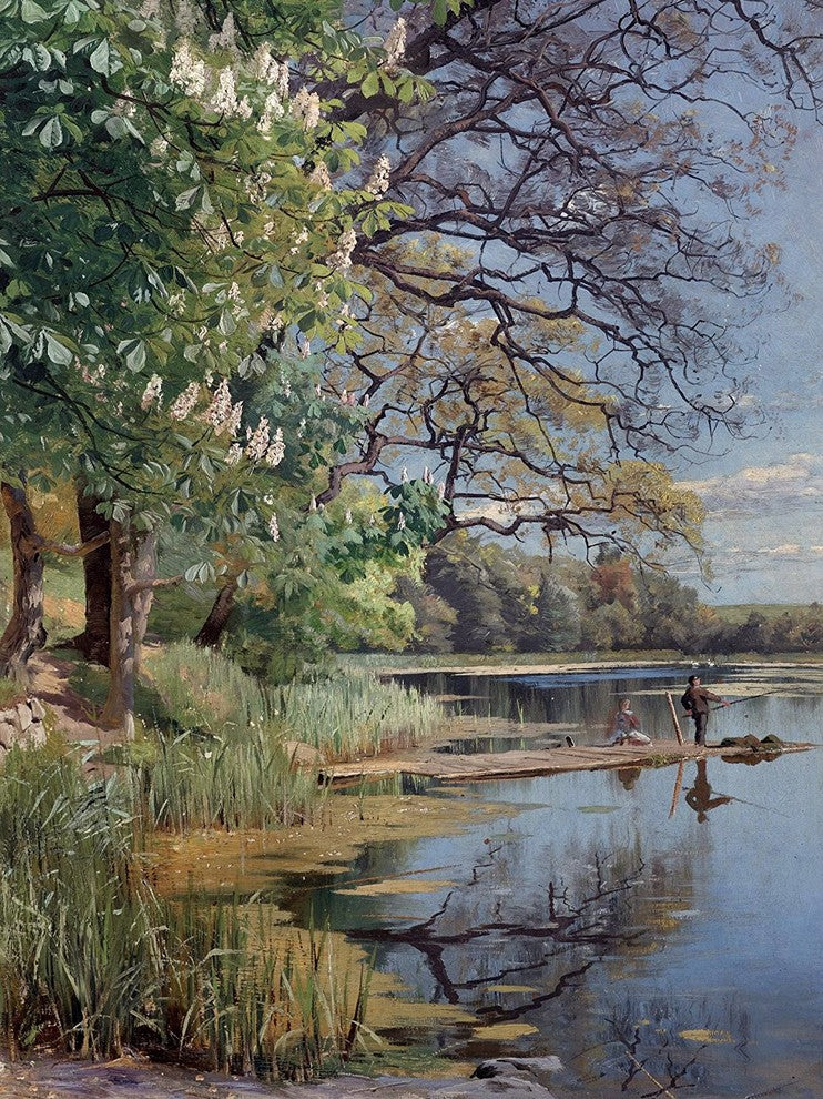 Tile Mural, Fishing On the Lake By P. Monsted River Trees Chestnut People Glossy