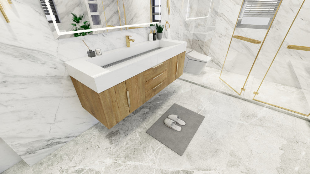 Madison 60" Wall Mounted  Single Sink Vanity with Reinforced Acrylic Sink, Oak