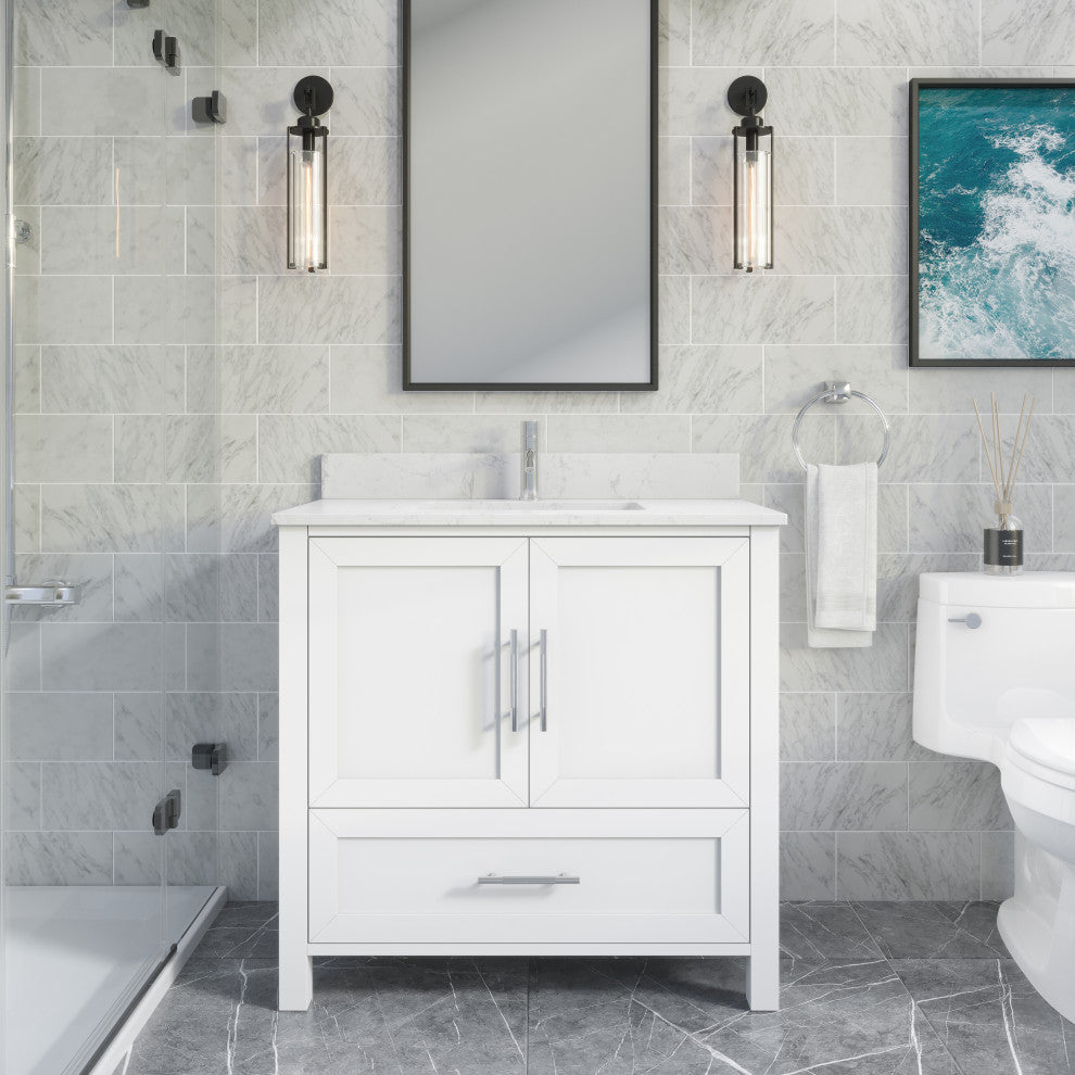 Boulder 36" Single Bathroom Vanity, White With Engineered Stone Top