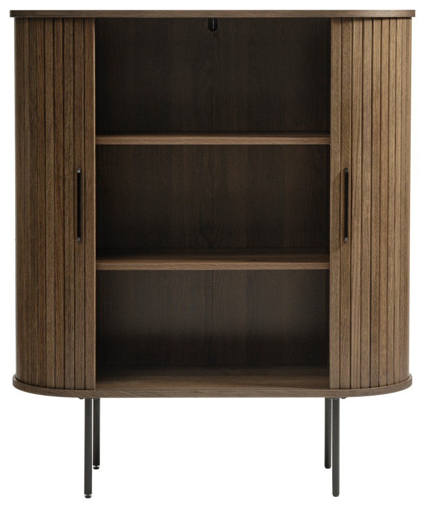 Mid-Century Modern Rounded Sliding Door Cabinet 39", Smoked Oak