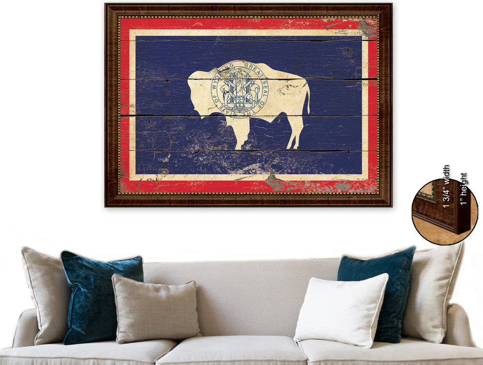 Wyoming State Vintage Flag Print With Brown Gold Frame, 23" X 33"