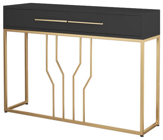 Narrow Console Table with Drawers Wood Top in Black