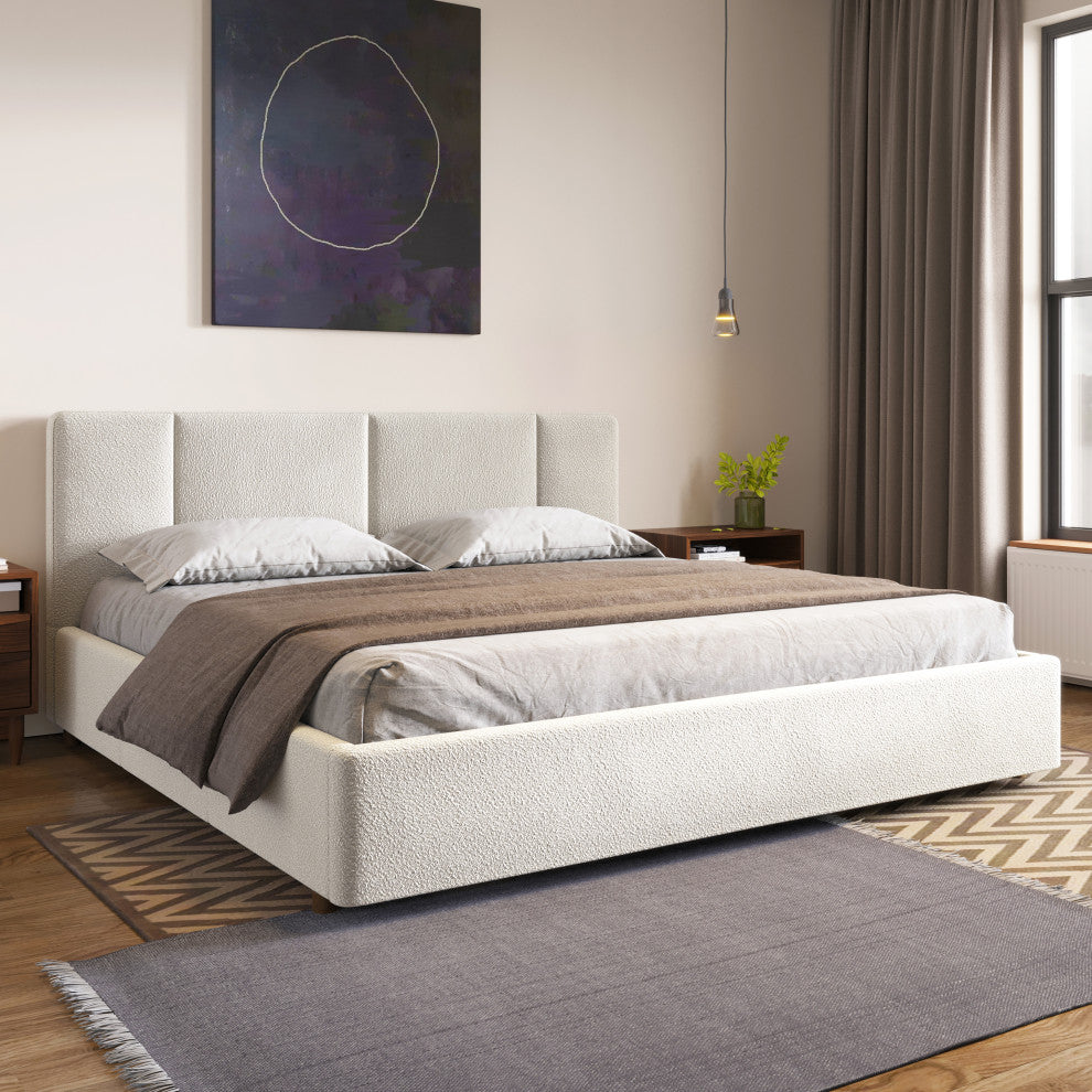 Omax Decor Venice Modern Fabric Upholstered Platform Bed, Cream Beige Boucle, King