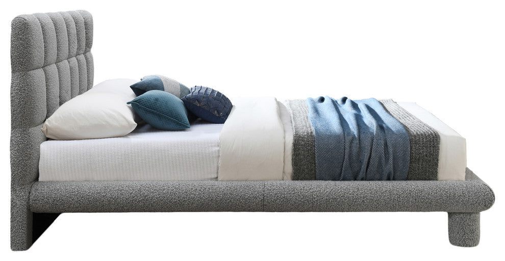 Deco Boucle Fabric Upholstered Full Bed, Gray, Queen