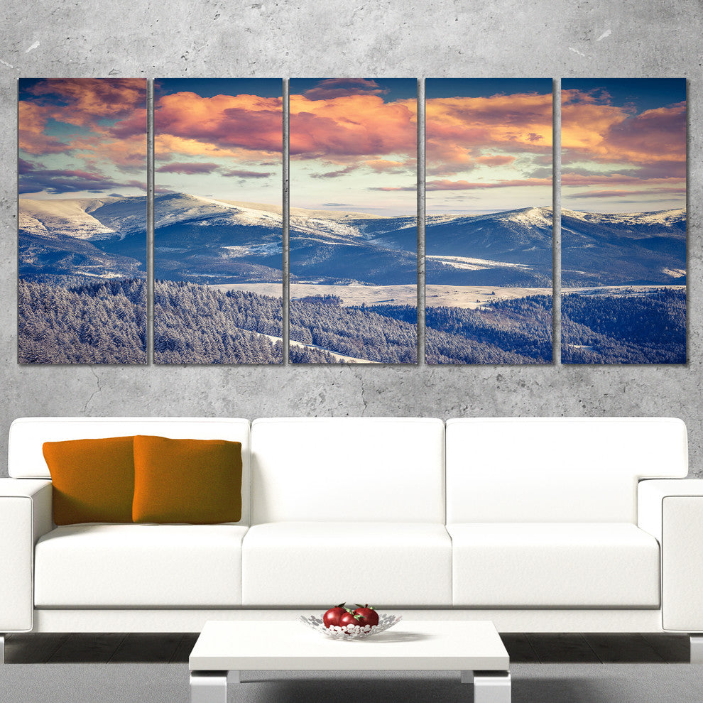 Winter Alpine Sunset over Hills, Large Landscape Canvas Print, 60"x28", 5 Panels