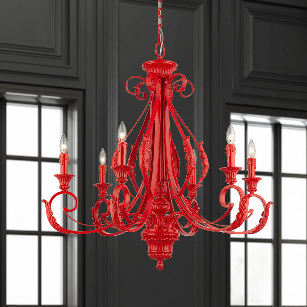 6 Light Shiny Red Large Chandelier