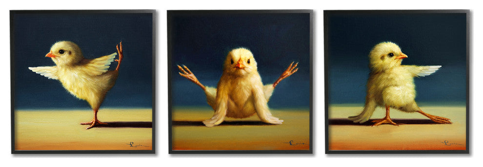 Funny Yoga Chick Trio Farm Birds Stretching Poses, 3pc, each 17 x 17