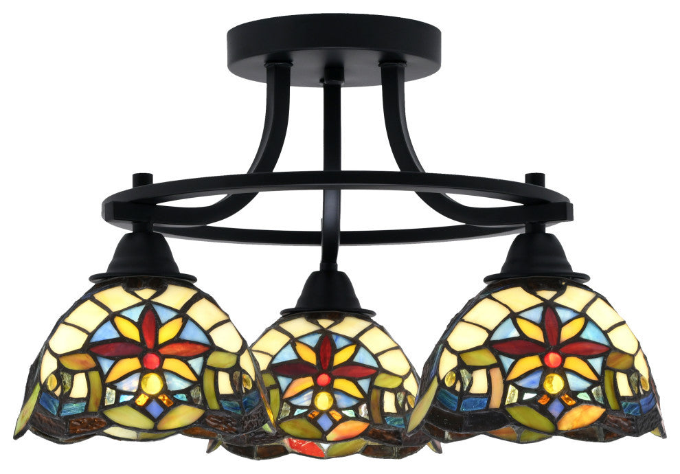 Paramount 3-Light Semi-Flush Light, Matte Black, 7" Earth Star Art Glass