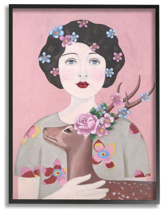 Woman And Deer Pink Animal Painting, 24"x30"