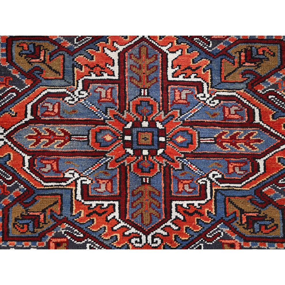 Imperial Red Semi Antique Persian Heriz Worn Wool Hand Knotted Rug 8'1"x11'1"