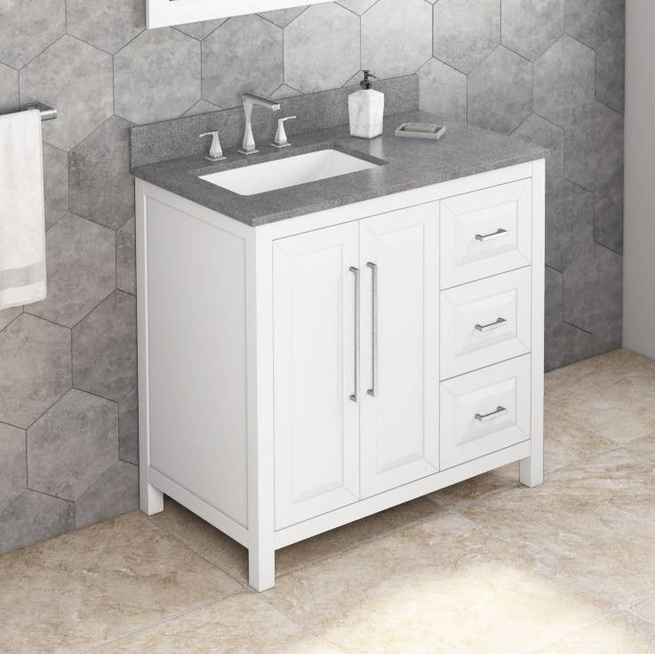 Cade Transitional 36" White Left Offset Sink Vanity, Steel Grey Cultured Marble