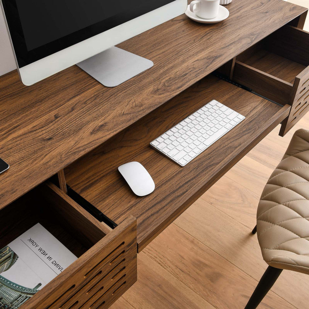 Computer Work Desk, Walnut, Wood, Modern, Mid Century Home Business Office