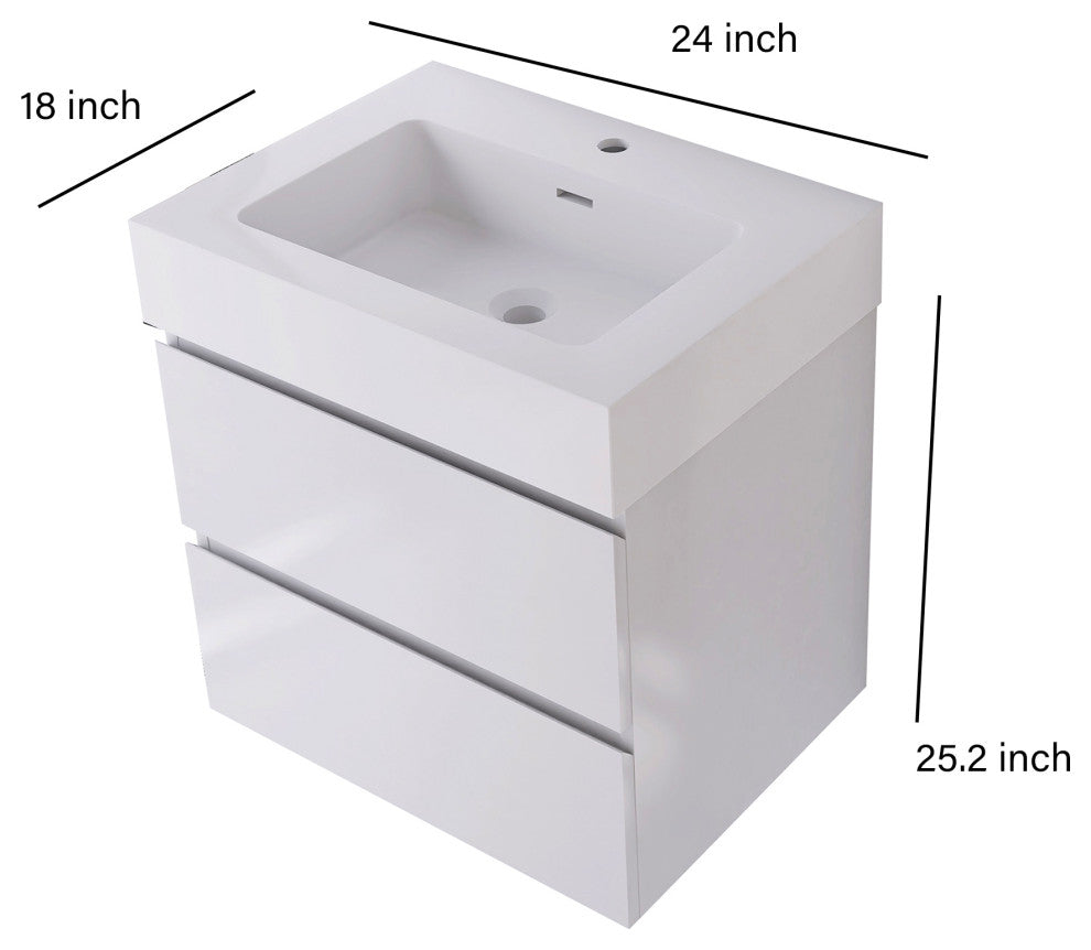 Wood Wall-Mounted Bathroom Vanity Set with Integrated Resin Sink, White, 24"