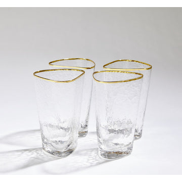 Hammered High Ball Glasses Clear With Gold Rim