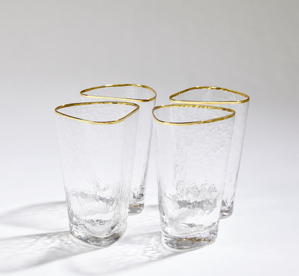 Hammered High Ball Glasses Clear With Gold Rim