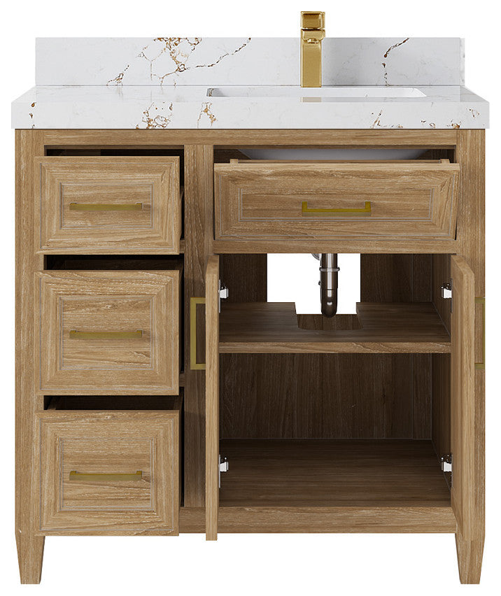 Santa Monica 36 Right Offset  Bath Vanity in Whitewashed Teak 2" Carrara Marble