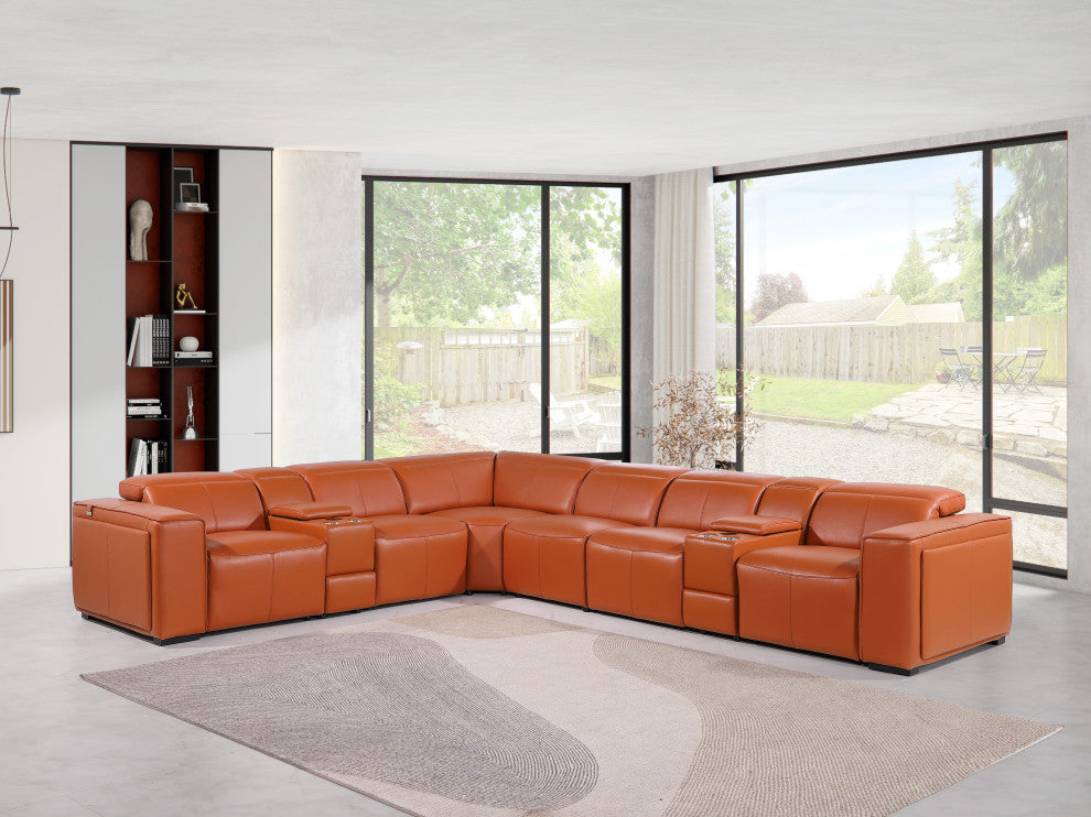 Niccolo Italian Leather 8-Piece L-Shaped Power Reclining Sectional, Camel