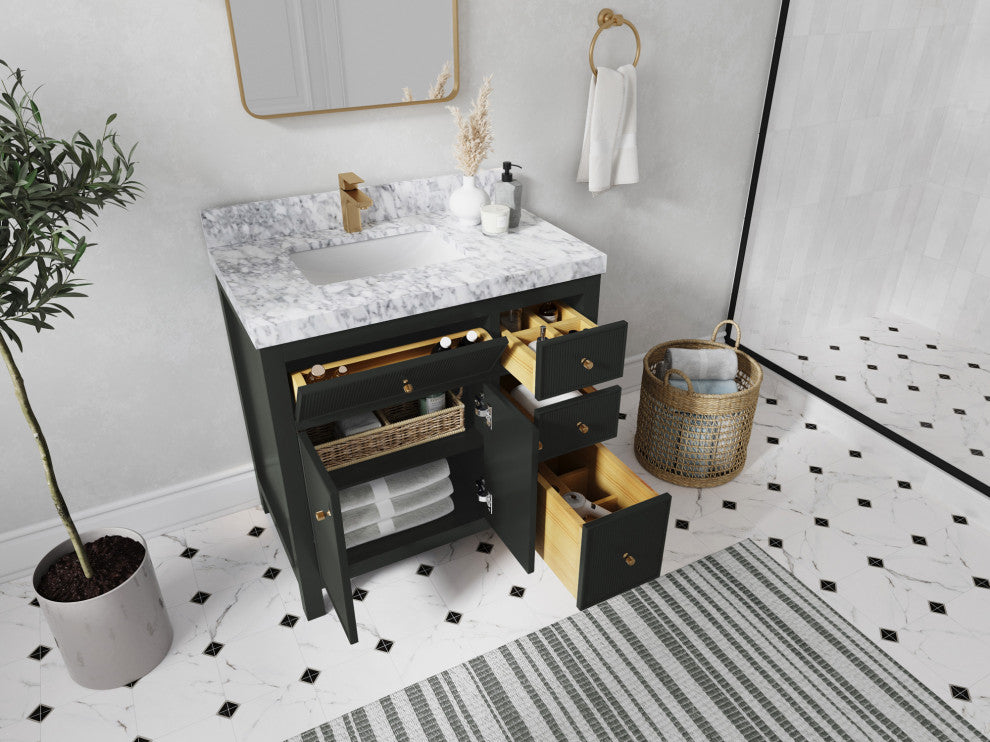 Sonoma 36" Left Offset Reeded Bath Vanity, Black Top 1.5" White Quartz
