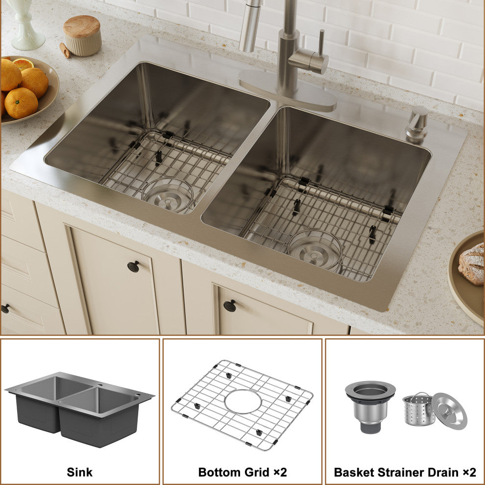 33in Drop-In Single and Double Bowl 18 Gauge Stainless Steel Kitchen Sink, Double