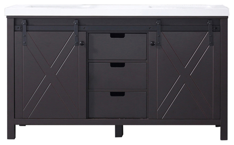 Marsyas 60" Brown Double Vintage Bathroom Vanity Cabinet Quartz Top Square Sinks