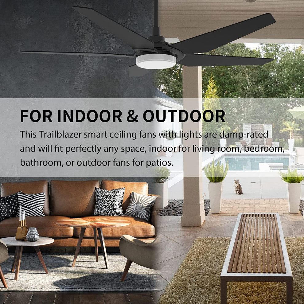 CARRO Smart Voice Control Ceiling Fan with Dimmable LED Light and Remote, Black, 52" Downrod