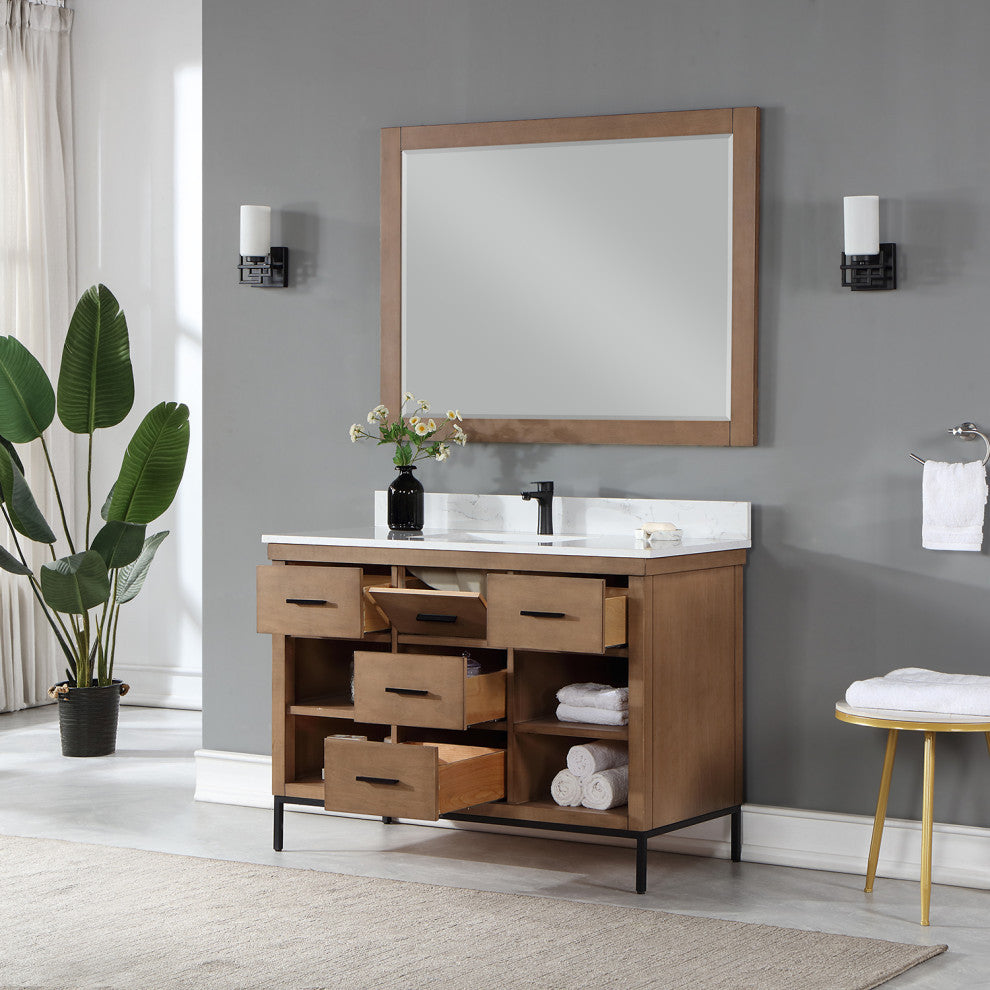Kesia Brown Pine Bathroom Vanity Set, 48", With Mirror