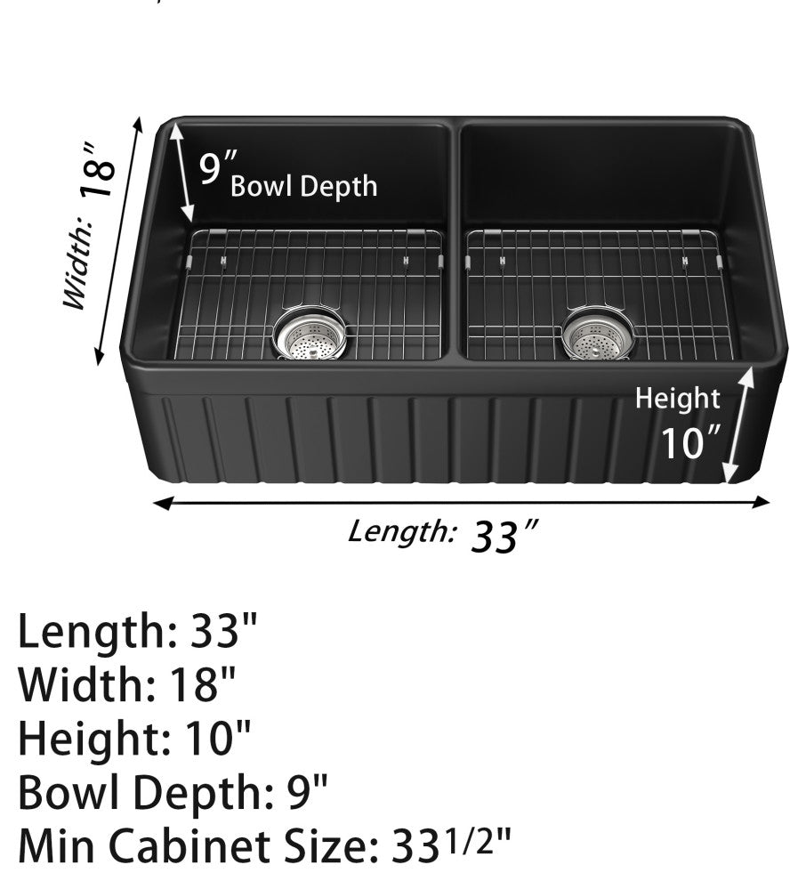 Black Fireclay 33 Inch Double Bowl Farmhouse Apron Front Kitchen Sink