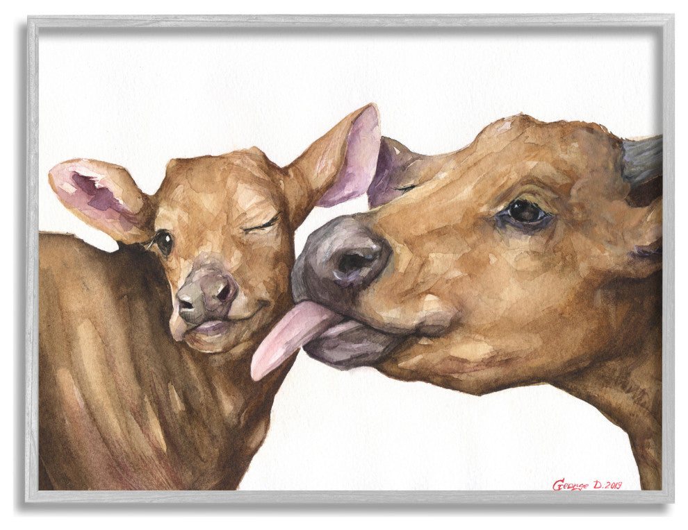 Baby Cow Family Animal Watercolor Painting, 14 x 11