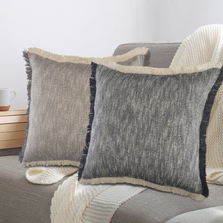 Two-Tone Cotton Throw Pillow with Fringe, Dark Blue, 20" X 20"