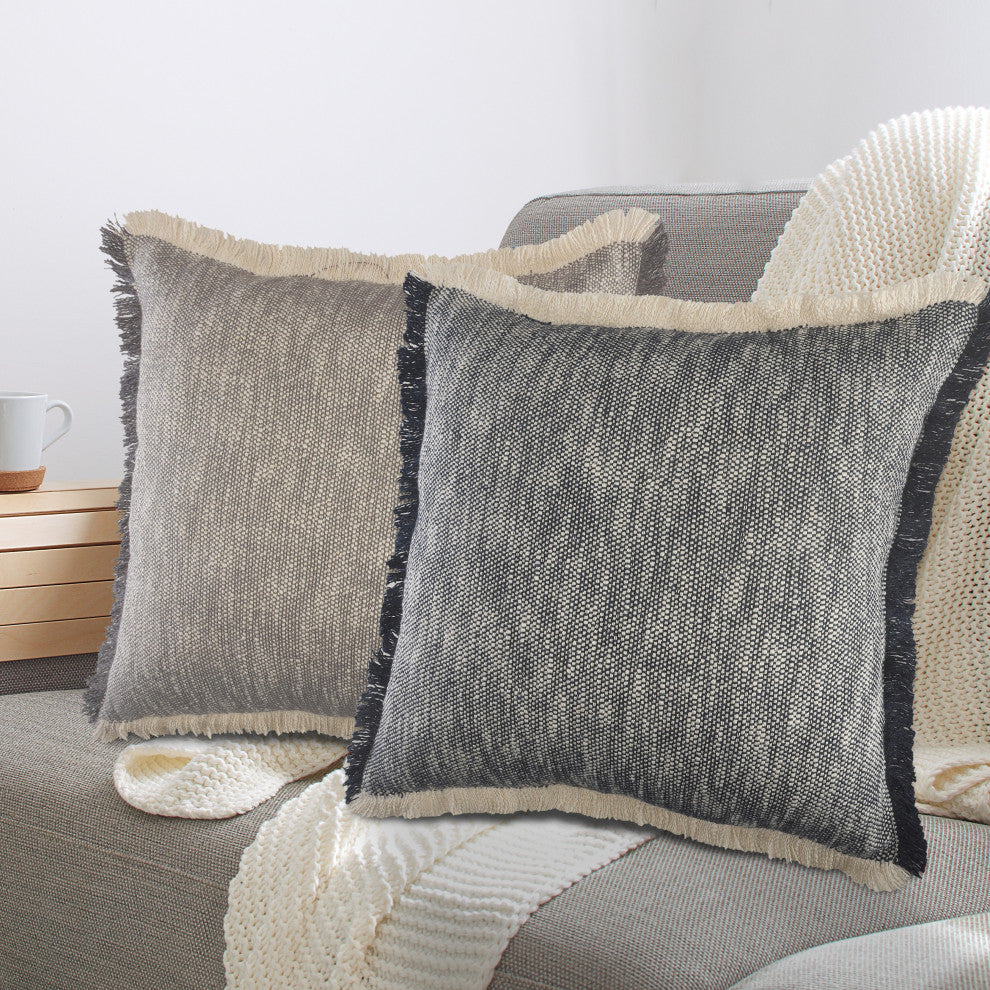 Two-Tone Cotton Throw Pillow with Fringe, Dark Blue, 20" X 20"
