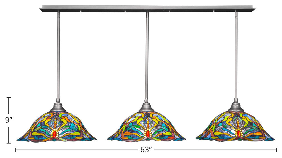 3 Light Mini Pendant In Brushed Nickel, 19" Kaleidoscope Tiffany Glass
