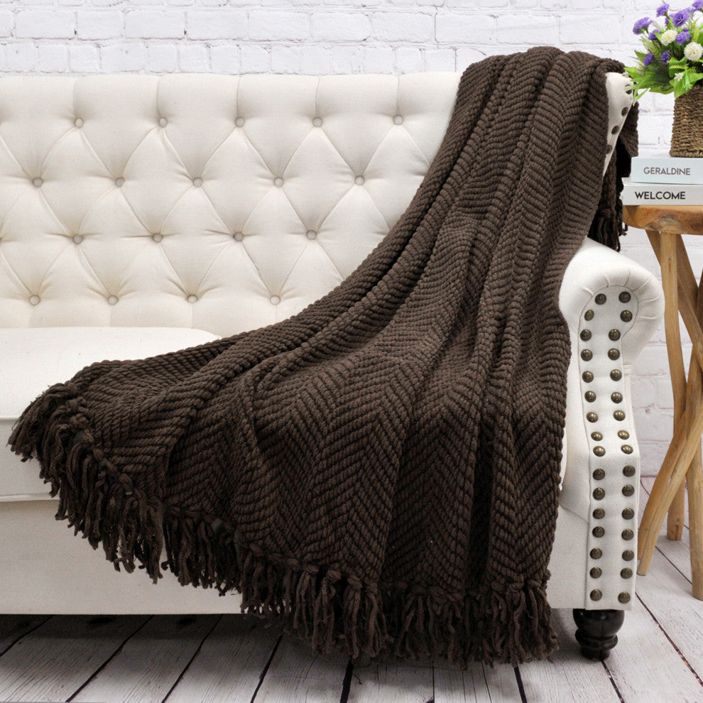 Tweed Knitted Throw Blanket, Seal Brown, 50"x60"
