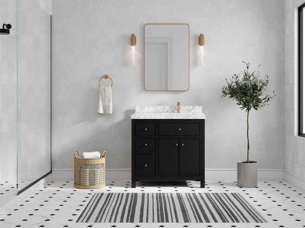 Sonoma 36 Right Offset Reeded  Bath Vanity in Black 2" Carrara Marble