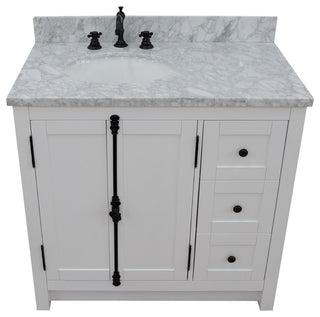 37" Single Vanity, Glacier Ash With White Carrara Top, Left Doors/Left Oval Sink