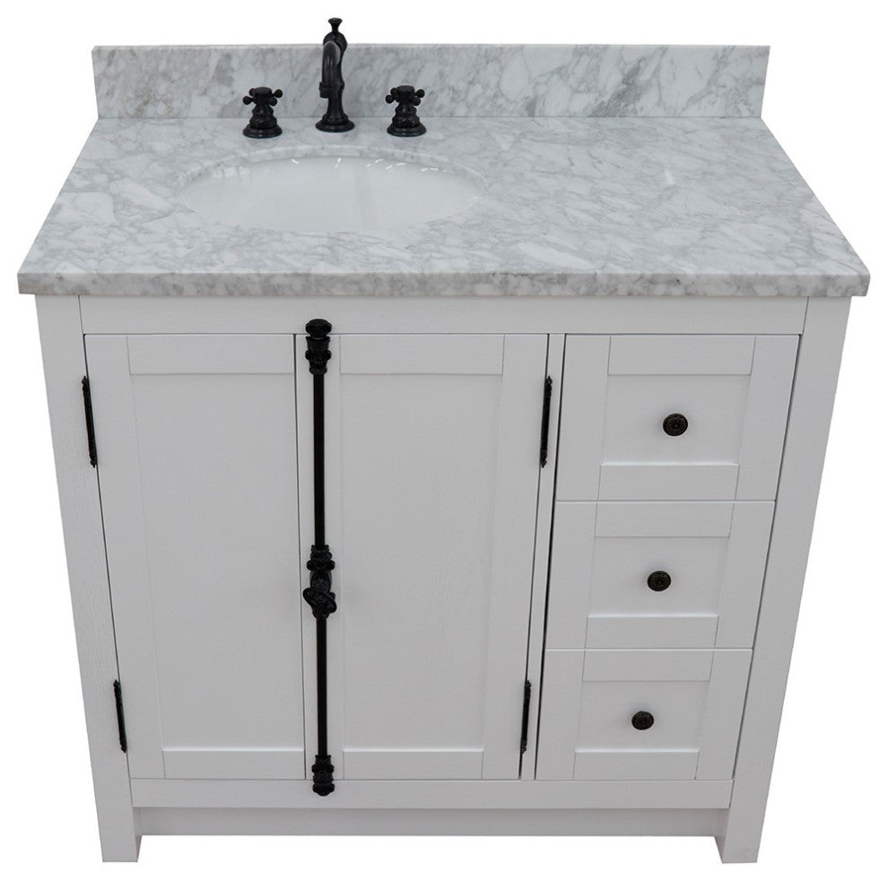 37" Single Vanity, Glacier Ash With White Carrara Top, Left Doors/Left Oval Sink