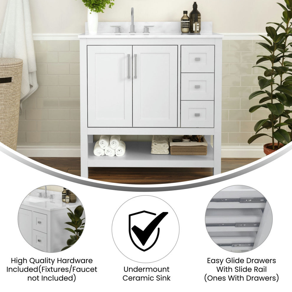 Vega Bath Vanity-Sink, Soft Close Doors, 3 Drawers, Carrara Marble Finish Top, White, 36 Inch