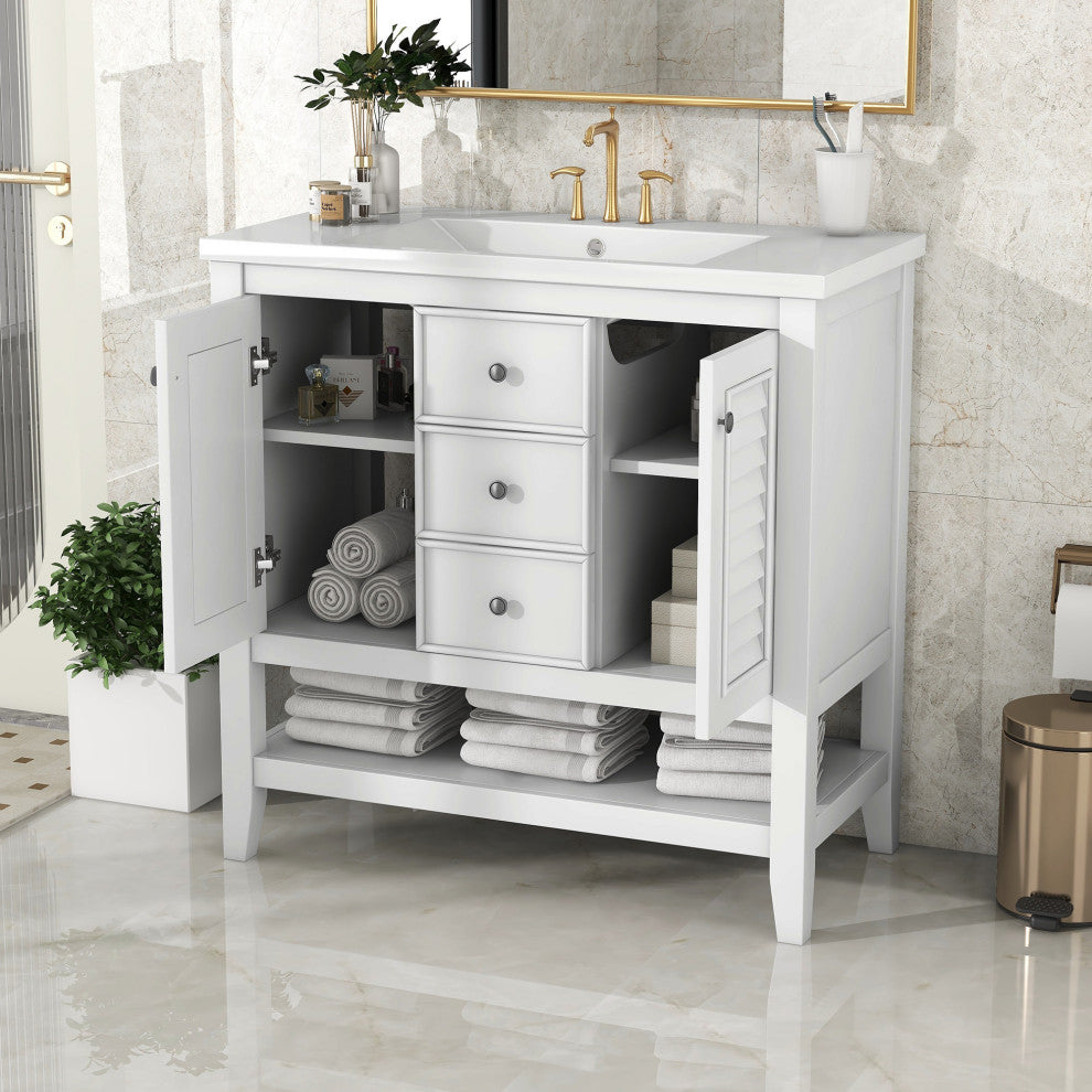 36" Freestanding Bath Vanity Set, Integrated Ceramic Sink, White