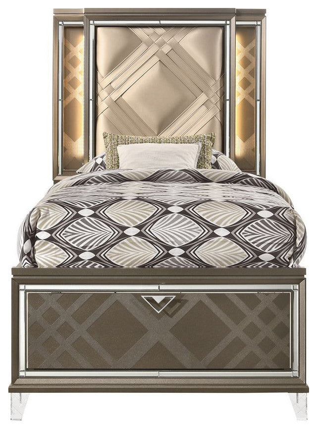 ACME Skylar Full Bed With Storage, LED, PU and Dark Champagne