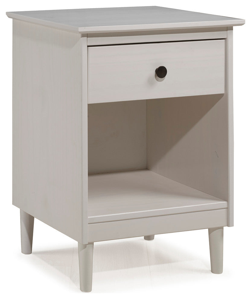 Classic Midcentury Modern 1-Drawer Solid Wood Nightstand Side Table, White
