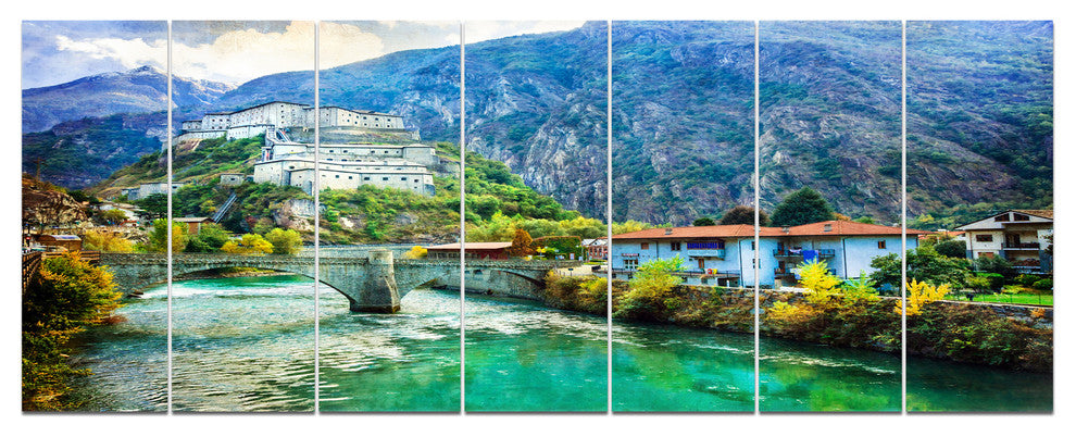 Valle d Aosta Castles Italy, Landscape Canvas Art Print, 83"x32", 7 Panels