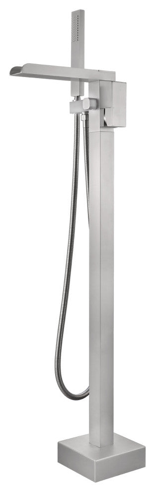 Waterfall Floor Mounted Tub Faucet With Hand Held Shower, Brushed Nickel