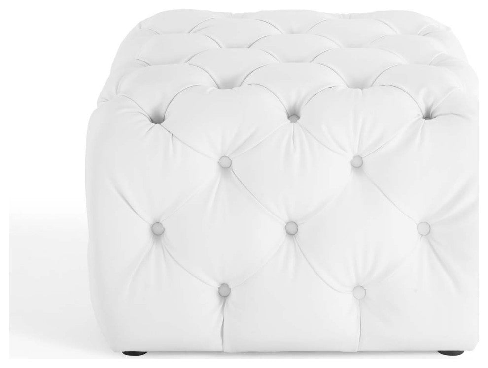 Tufted Accent Chair Ottoman, Square, Faux Leather, White, Modern, Lounge