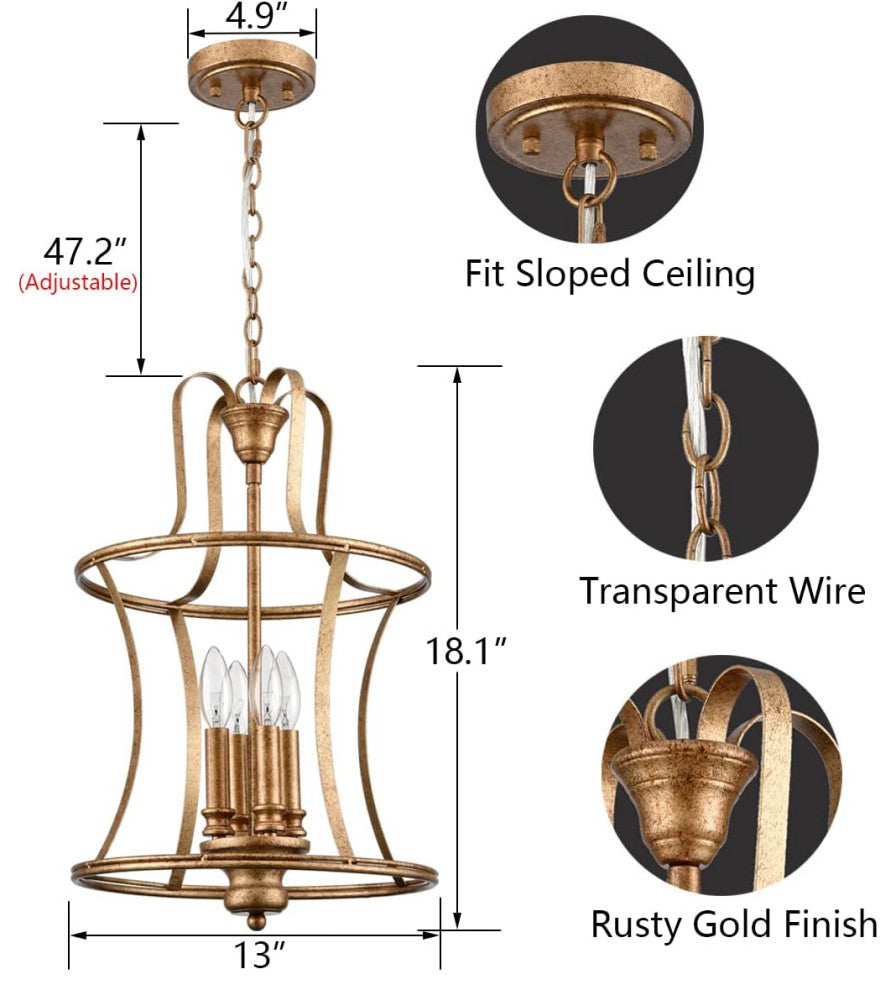 4 Light Farmhouse Chandelier Rust Cage Pendant Light