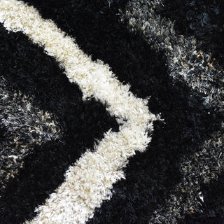 Hand Tufted Shag Polyester Area Rug Geometric Black Beige, 8'x8' Round