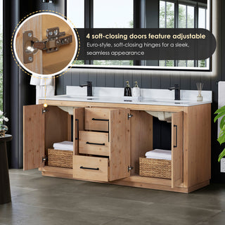 Cicero Vanity, Grain White Engineered Stone Countertop, Light Brown, 72", No Mirror