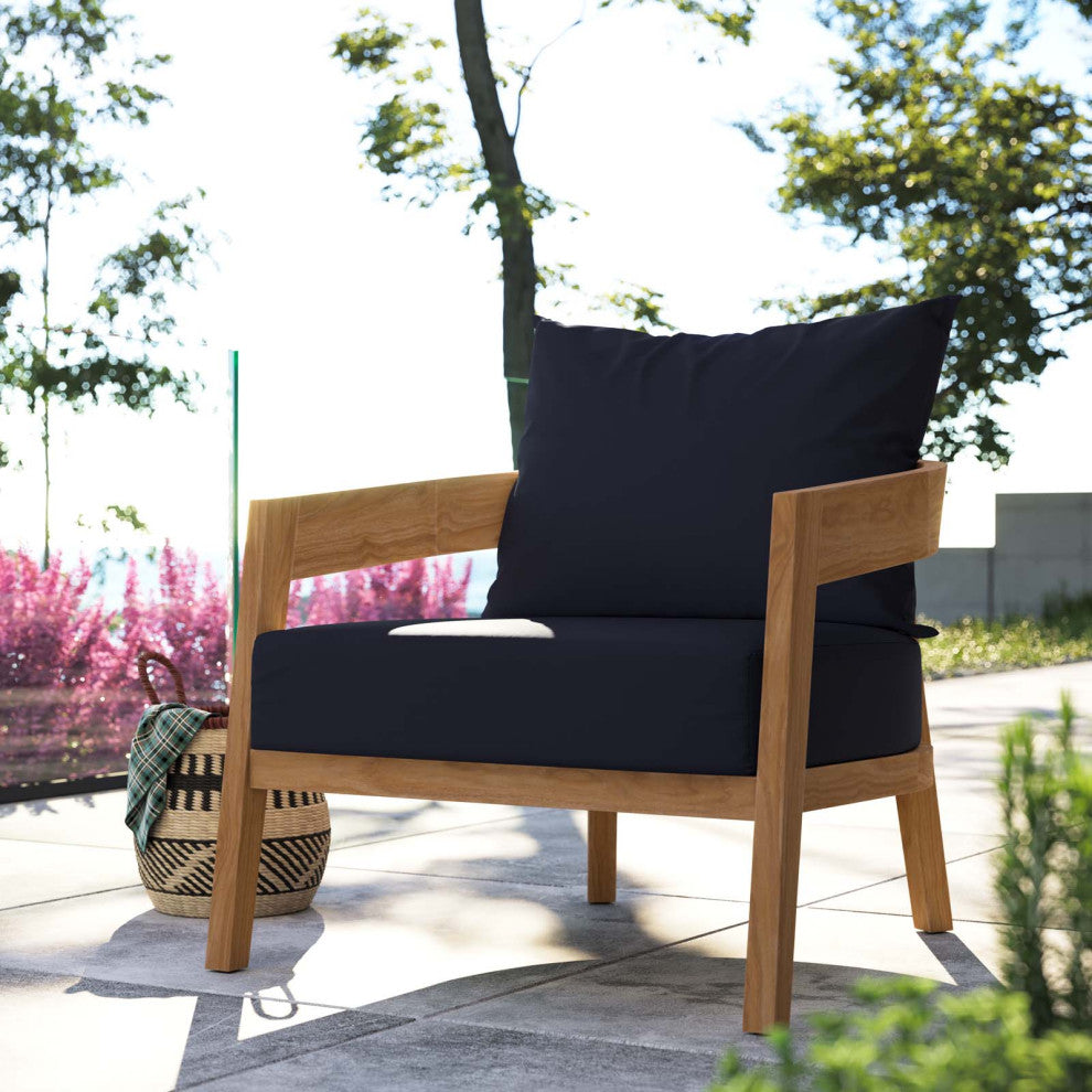 Lounge Chair Armchair, Blue Navy Natural, Teak Wood, Modern, Outdoor Patio