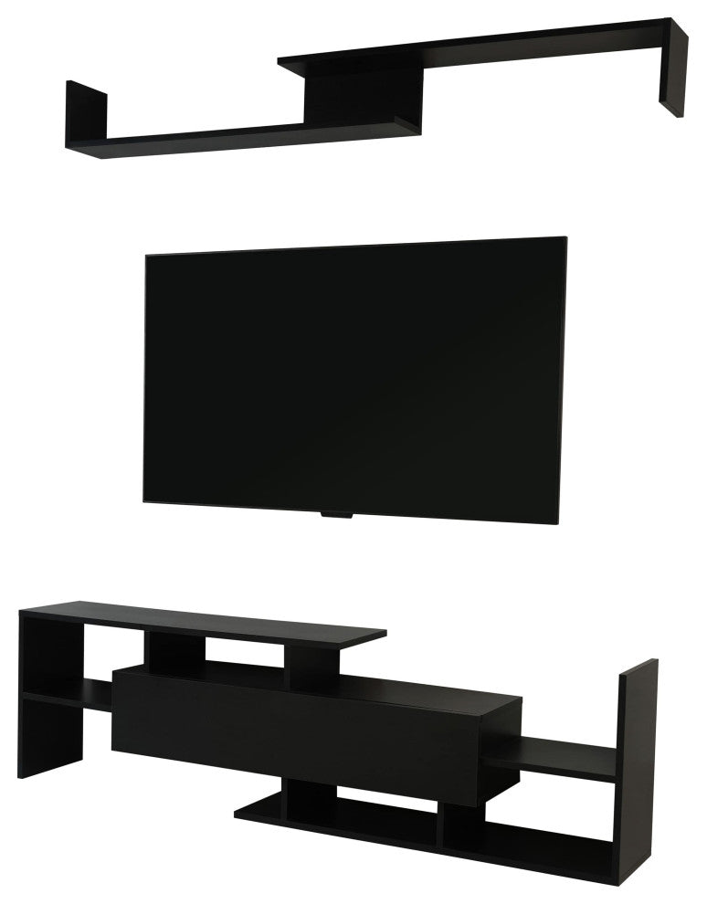 60.2'' 2 Pc 1-Drawer Floating TV Stand Media Console with Open Shelves, Ebony