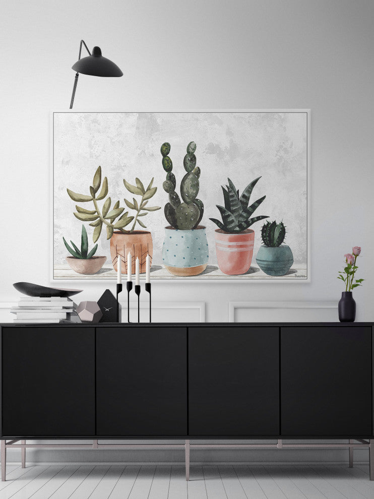 "Succulent Pastel Pots" Floater Framed Painting Print on Canvas