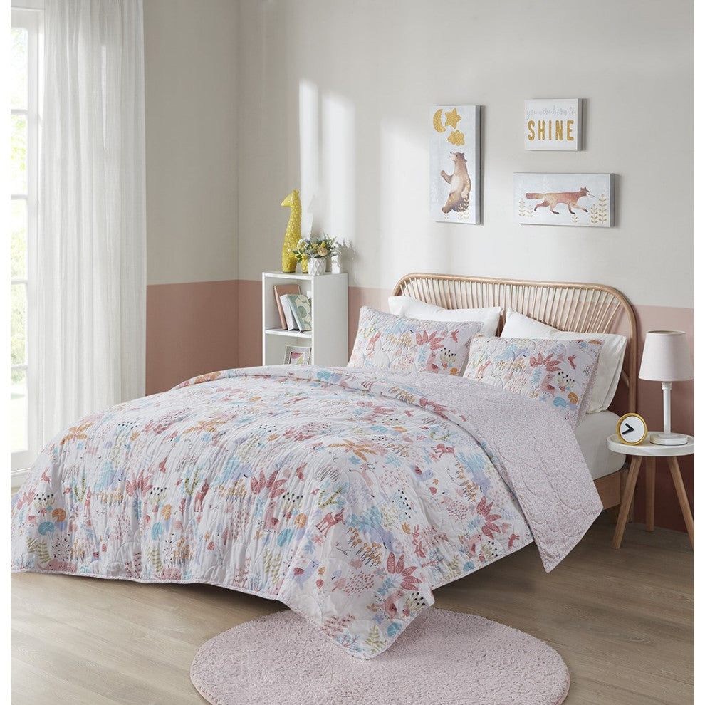 Urban Habitat Kids Iris Woodland Animals Reversible Cotton Quilt Set, Blush