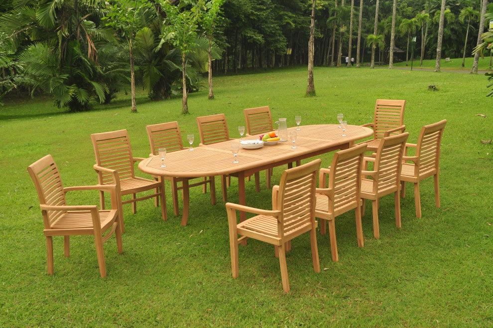 11-Piece Outdoor Teak Dining Set: 117" Oval Table, 10 Mas Stacking Arm Chairs